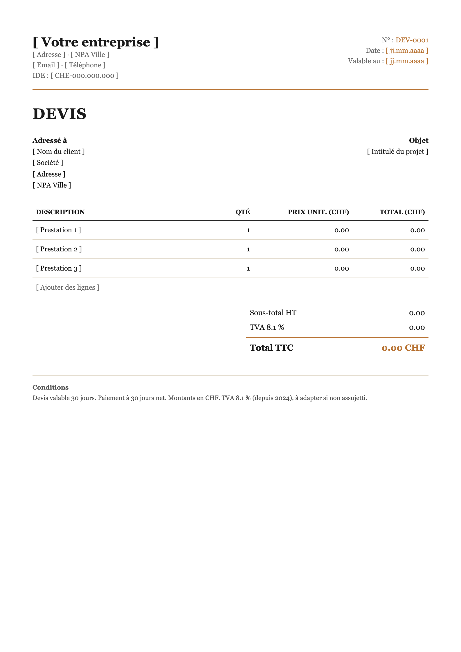Aperçu du modèle de devis suisse : en-tête entreprise, tableau des prestations, TVA et total en CHF